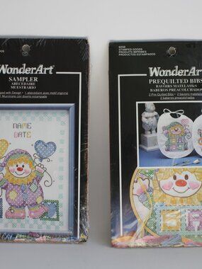 2 vintage WonderArt Sampler and Quilted bibs Clown pattern NBU Needlecraft kits